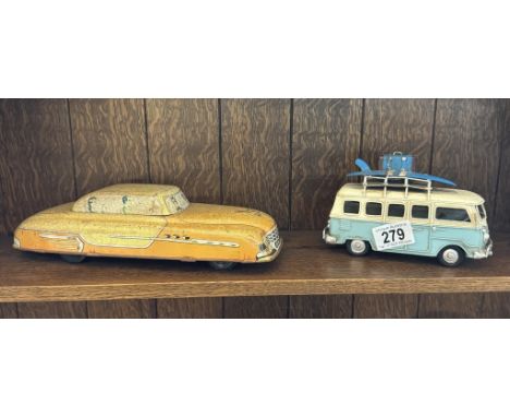 A 1950s tinplate car &amp; A retro steel model of a VW camper