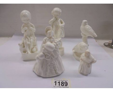Five white glazed figures and a bird group (possibly Royal Worcester but not marked).