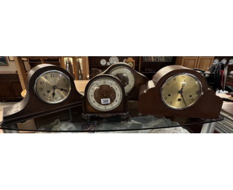 4 1930s oak mantle clocks Main photo - clock on the left of the picture and the clock at the back have pendulums
