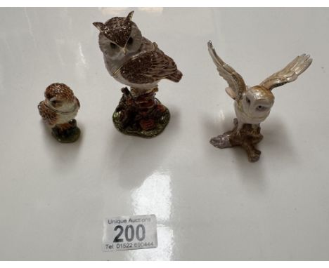 3 Enamel &amp; gilt owl trinket boxes