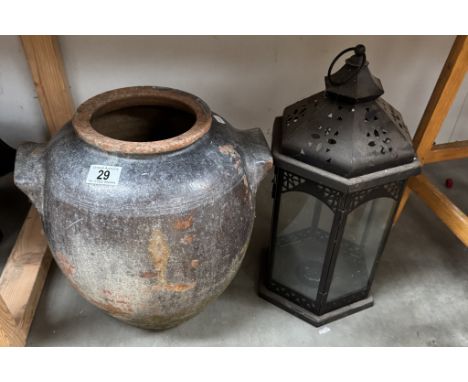 A large terracotta urn planter (Cracked) &amp; A lantern