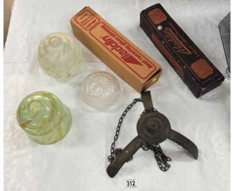 2 Boxed Aladdin paraffin lamp chimneys, 3 Vintage glass lamp shades &amp; A clam shell ceiling light frame