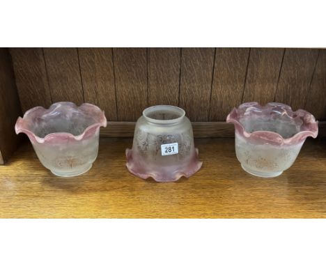 3 Etched glass oil lamp shades10cm base (Suitable for duplex burners)