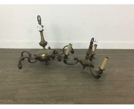 BRASS FIVE BRANCH CHANDELIER,along with a brass three branch chandelier (2)