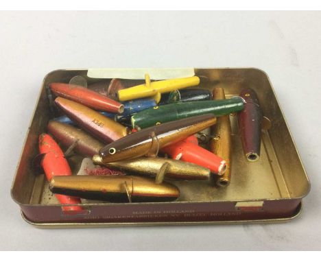 GROUP OF FISHING EQUIPMENT,comprising flies, including a set in Hardy Bros simulated tortoiseshell box, spinners and Devon mi