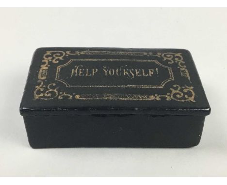VICTORIAN PAPIER MACHE SNUFF BOX,decorated and inscribed in gilt 'Help Yourself!', housing a small vessel of chloride of gold