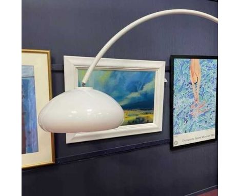 LARGE ARC-TYPE FLOOR LAMP, in white with acrylic shade, probably Italian, unmarked, approximately 200cm long, 200cm high