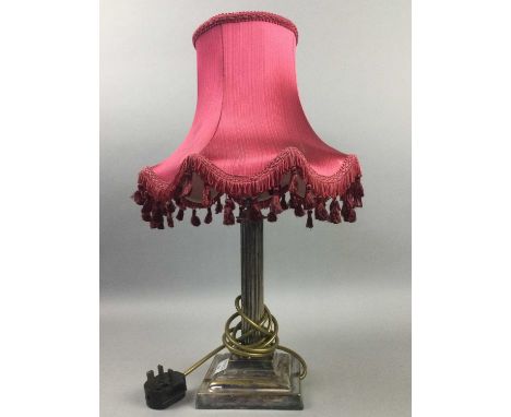 PLATED CORINTHIAN COLUMN TABLE LAMP,with red fringed shade, 32cm high