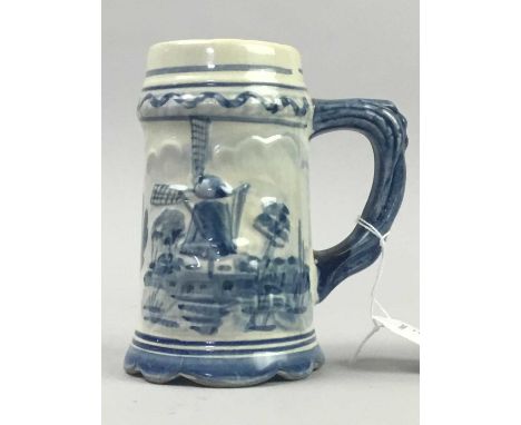 DELFT WARE BLUE AND WHITE MUG,13cm high, along with other ceramics including a Poole figure of an owl, a Crown Devon celery v