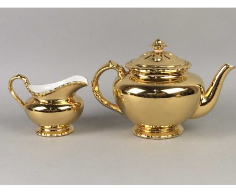 ROYAL WORCESTER GILT TEA POT, SUGAR AND CREAM,along with two Carlton Ware Rouge Royale dishes and two Noritake cups and sauce