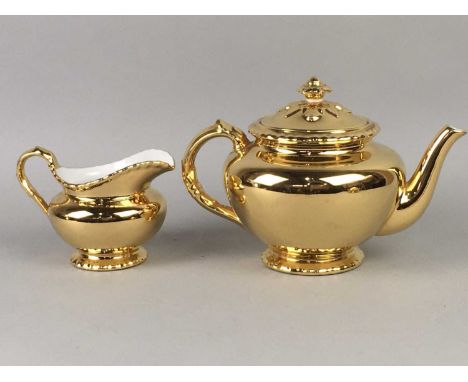 ROYAL WORCESTER GILT TEA POT, SUGAR AND CREAM,along with two Carlton Ware Rouge Royale dishes and two Noritake cups and sauce