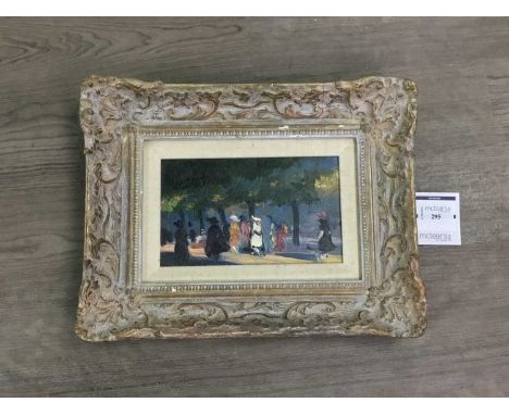 * DONALD WOOD (BRITISH 1889 - 1953),FIGURES PROMENADING IN WOODED PARKoil on panel, titled label versoimage size 13cm x 20cm,