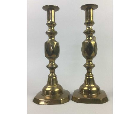 PAIR OF BRASS COLUMN TABLE LAMPS,along with a pair of brass candlesticks 'Queen of Diamonds', also a table lamp and another w