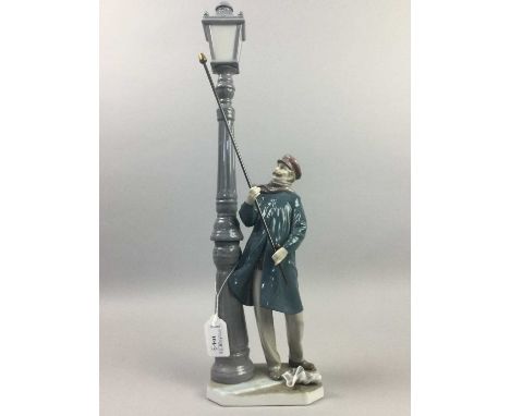 LLADRO FIGURE OF A LAMPLIGHTER,47cm high, along with a Nao figure of a girl with hoop and another figure (3)