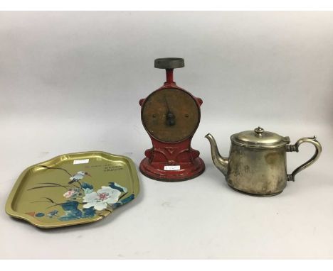 SET OF VINTAGE SCALES, along with plated items including a tea pot and dishes, also a decorative serving tray