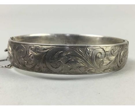 ENGRAVED SILVER BANGLE,along with a freshwater pearl bracelet, silver bracelet with enamelled commemorative appendages and th