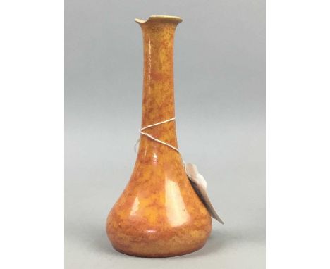 RUSKIN POTTERY MOTTLED ORANGE VASE,9.5cm high, along with another, a Scottish pottery tea barrell, a Carlton Ware thatched co