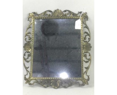 WALL MIRROR IN A BRASS SCOLLING FOLIATE PIERCED FRAME,39cm x 32cm, along with an Italian glass sand timer, a glass vase, two 