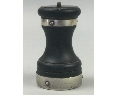 SILVER MOUNTED PEPPER MILL,along with other silver and white metal items including a comb, two vestas, a pair of napkin rings