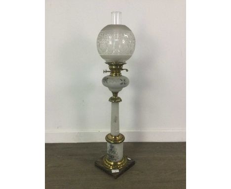 VICTORIAN FROSTED GLASS OIL LAMP,painted with foilage and ribbons, with glass chimney and shade, 84cm highCondition is fair, 