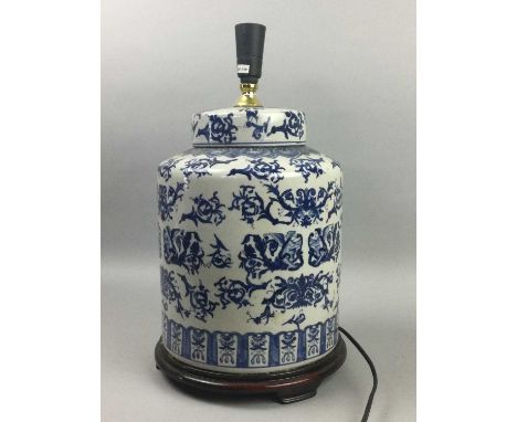 CERAMIC TABLE LAMP BY EICHHOLTZ,in the Delft style, on fitted base, 44cm high including fixture