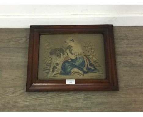 VICTORIAN PETIT POINT NEEDLEWORK PANEL,with young girl, dog and two puppies, 23cm x 31cm, framed and glazed