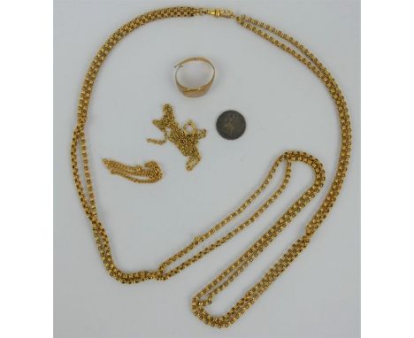 An unmarked yellow metal double belcher chain, length: 68cm, two broken yellow metal chains and a broken 9ct gold ring. Gross