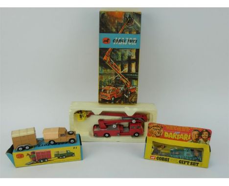 Three Corgi boxed gift sets: Daktari No 7, Land Rover &amp; pony trailer No2 &amp; Simon snorkel fire engine No 1127. All box