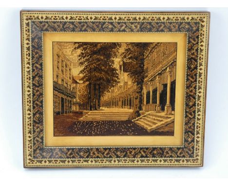 Late 19th century Tunbridge Ware framed panel depicting The Pantiles, probably by Henry Hollamby. 23cm x 20cm