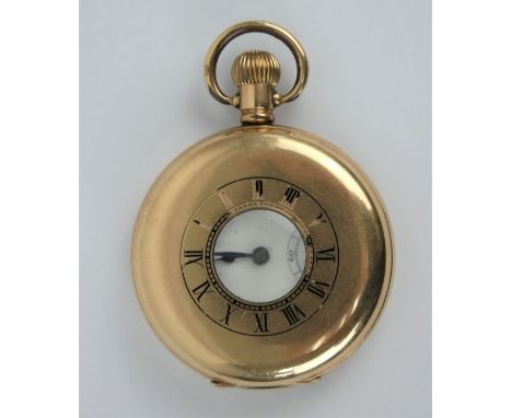 A Rolex gold plated half hunter pocket watch, 5cm dial. Inscription for G O Bradley, Saffron Walden Co-operative Society 1929