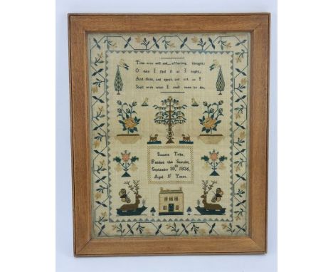 William IV needlework sampler by Susanna Tribe, aged 11 years, dated September 30th 1836.  Glazed oak frame.Frame: 40cm x 50c