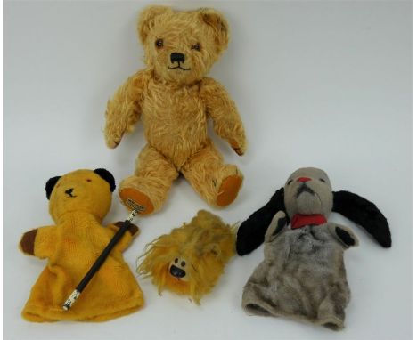 A vintage Merrythought teddy bear with label on foot. A pair of Sooty &amp; Sweep glove puppets with wand, and a Magic Rounda