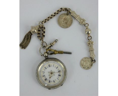 Antique silver Swiss fob watch with ornate albertina chain and charms (converted to a bracelet).&nbsp;&nbsp;