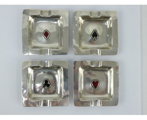 Set of 4 Art Deco silver and enamel bridge playing card ashtrays with enamelled suit in each.&nbsp; Hallmarked Birmingham 193