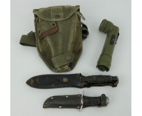 US Army Gerber fighting knife, Italian airman's knife, US Army shovel with webbing pouch and belt, and a US MX-991/U military