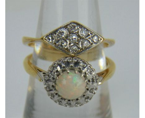 An 18ct gold white opal and diamond set ring, size O, and an 18ct gold diamond set ring, size N. Gross combined weight: 6.8 g