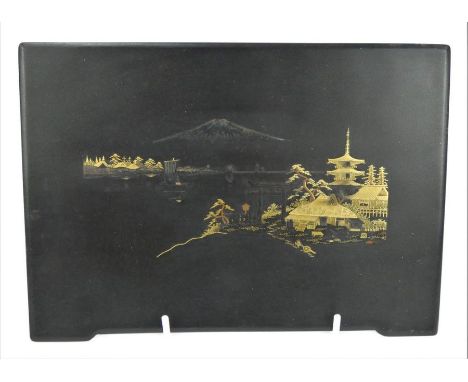 A Japanese Damascene Mount Fuji scene panel, Meiji period, 21cm x 15cm. Seal mark to reverse.