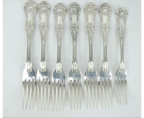 Six silver King's pattern table forks, and one dessert fork. All hallmarked London 1930, Robert James Chaplin &amp; Sons. Gro