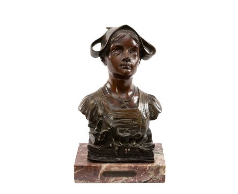 AFTER GEORGE DEMANGE (French, 1865-1945), patinated bronze - 'Bretonne au Gui', head and shoulders sculpture of a maid of Bre