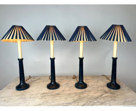 CANDLESTICK LAMPS, a set of four, faux lapis lazuli painted wood bases with shades, 53cm H. (4) 
