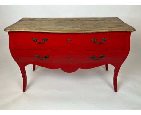COMMODE, Louis XV design, red lacquered with two drawers and shaped top, 81cm H x 120cm W x 48cm D. 