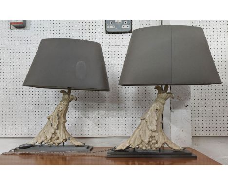 PAIR OF SIDE LAMPS, grey shades with architectural salvage detail, each 50cm overall including shades. (2) 