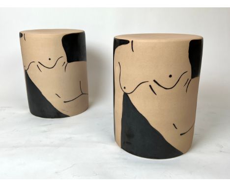 BARREL STOOLS, a pair, ceramic decorated with the female form, 45cm H x 34cm x 34cm. (2) 