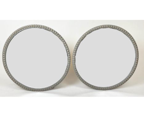 BOBBIN WALL MIRRORS, a pair, circular bobbin grey painted frames, 71cm diam. (2) 