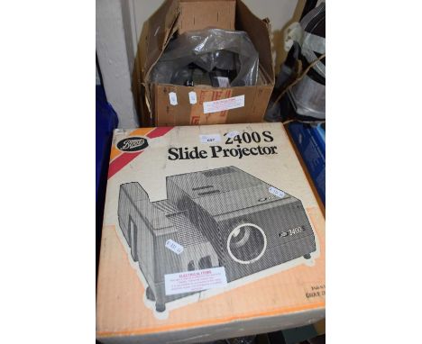 Boxed Boots 2400S slide projector together with an enlarger lamp, tripod and boxed Eumig Imperial projector