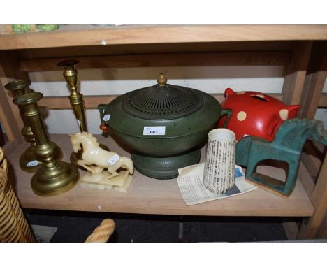 Selection of various metal and ceramic wares including three brass candlesticks, piggy bank etc