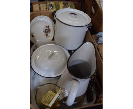 Box containing various kitchenalia including enamel wares, cutlery etc