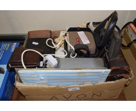 Box containing a quantity of various vintage photographic equipment including a Canon Zoom 8 cine camera etc
