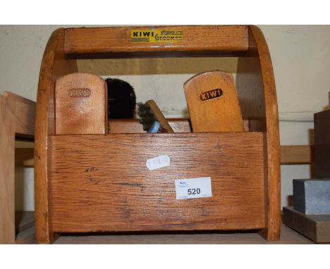 Vintage wooden Kiwi shoe brush holder and contents