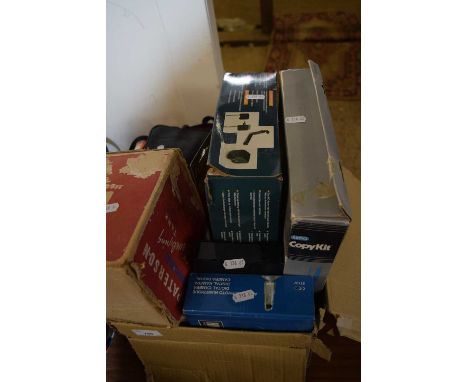 Box containing quantity of various photographic accessories including Minolta Zoom 110 camera etc